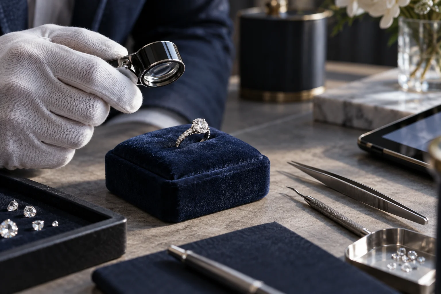 Illustrative jewelry appraisal workspace with a diamond ring and gemological tools
