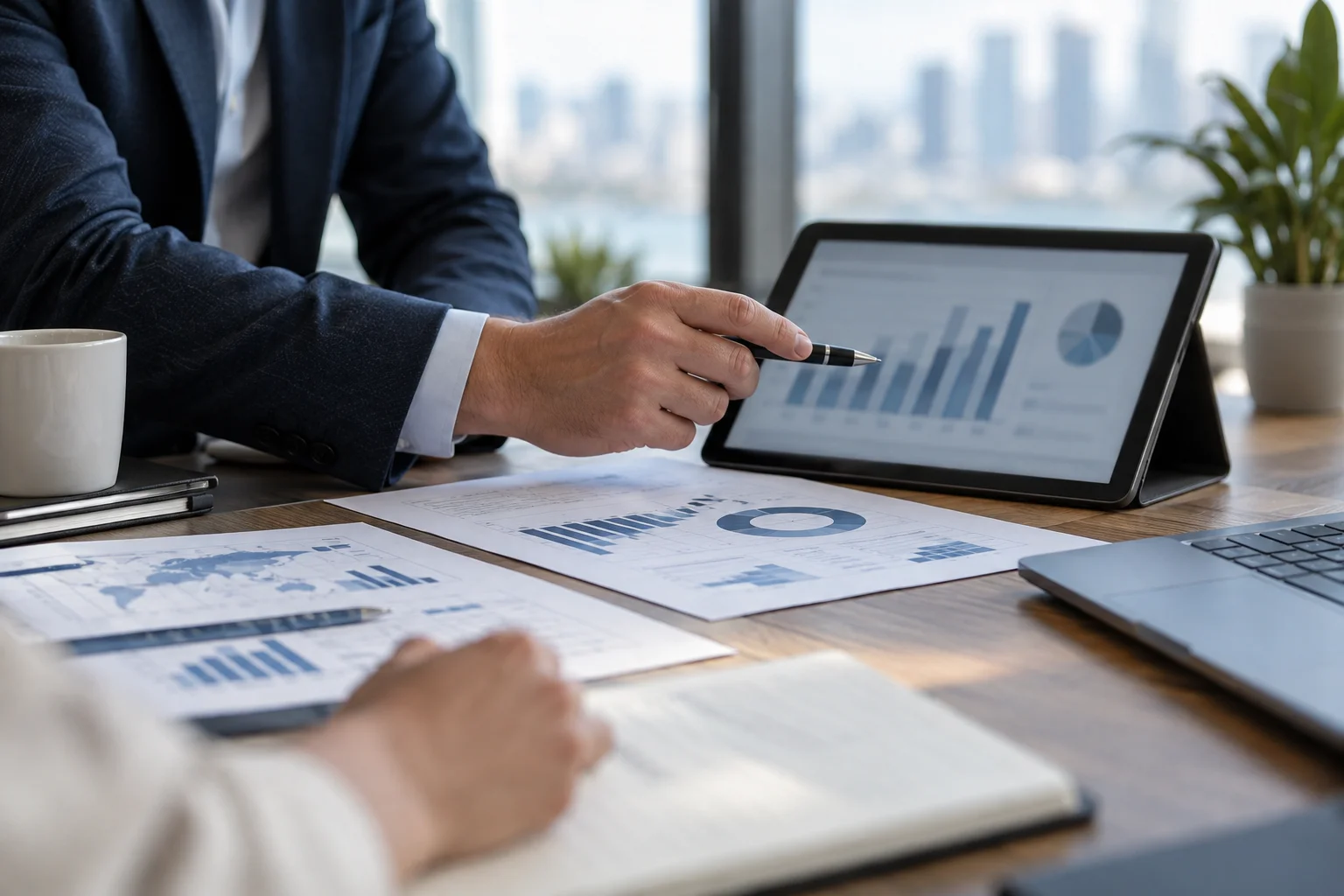 Illustrative sales pipeline review using a tablet and printed charts