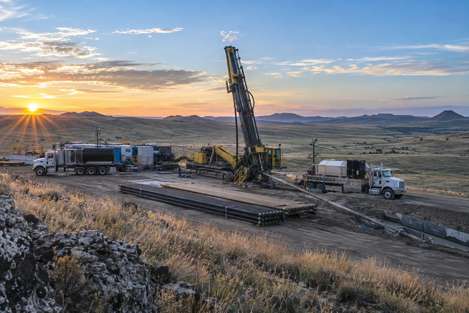 Illustrative directional drilling worksite on open prairie