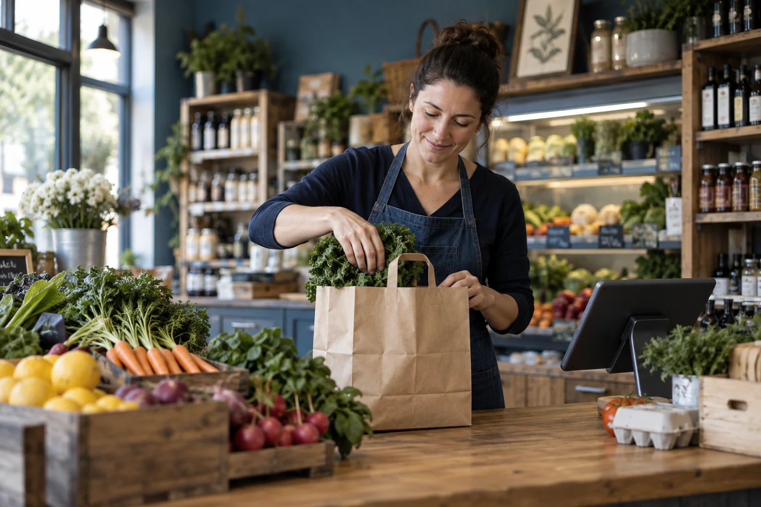 Illustrative scene of a market owner preparing a grocery order