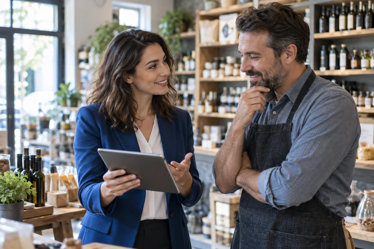 Illustrative field sales conversation using a tablet in a shop