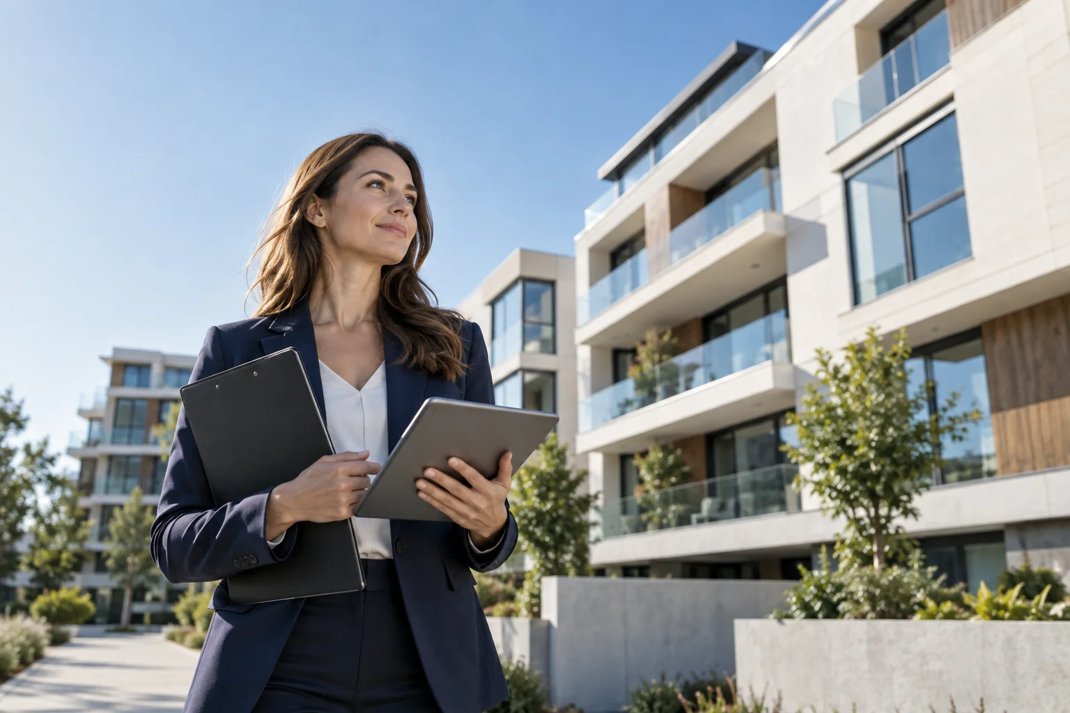 Illustrative property professional reviewing residential buildings