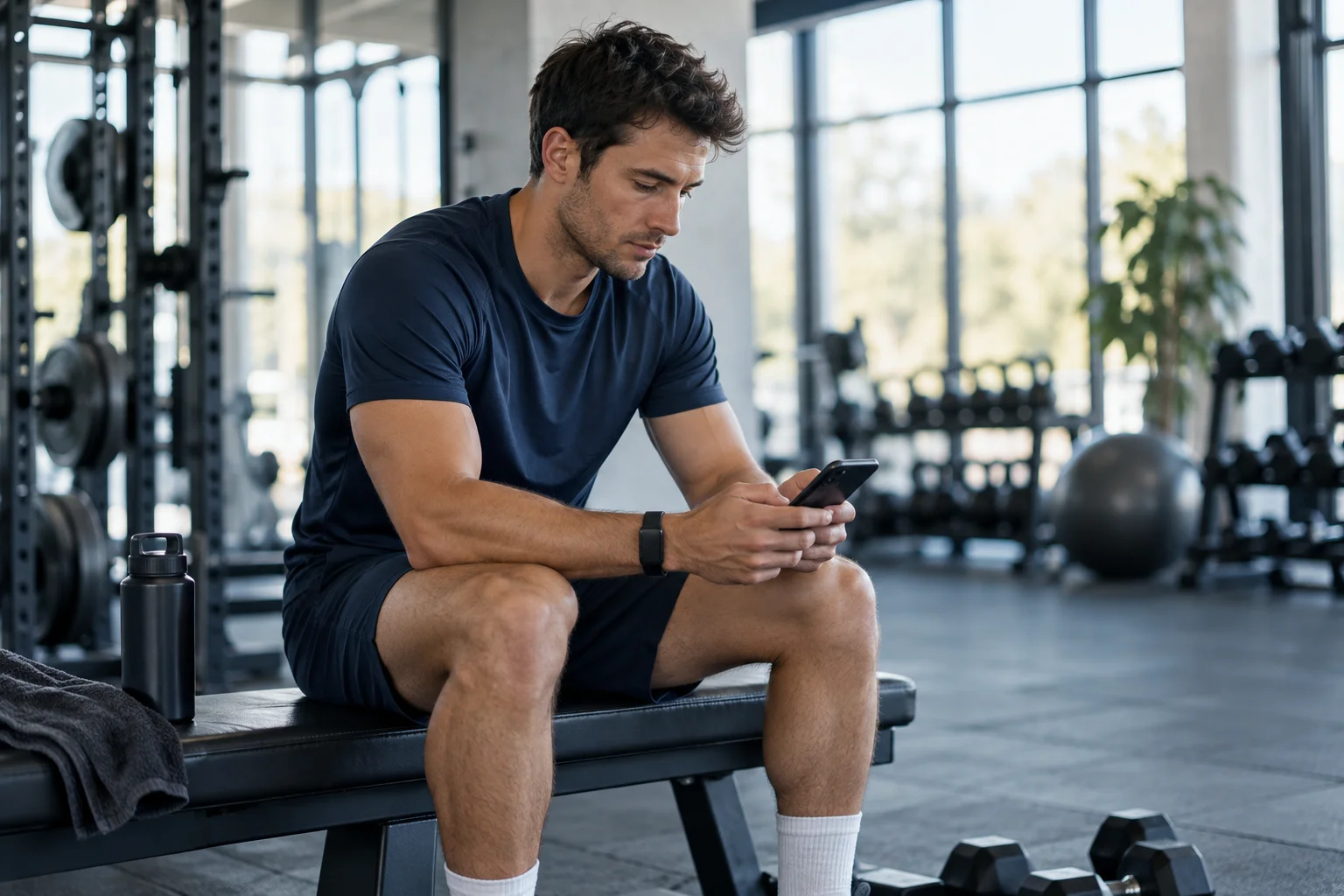 Illustrative athlete checking a workout on a phone