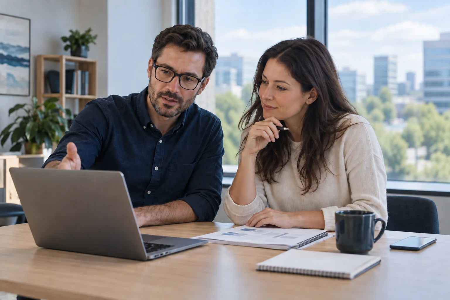 Illustrative scene of a business owner and consultant reviewing a process together