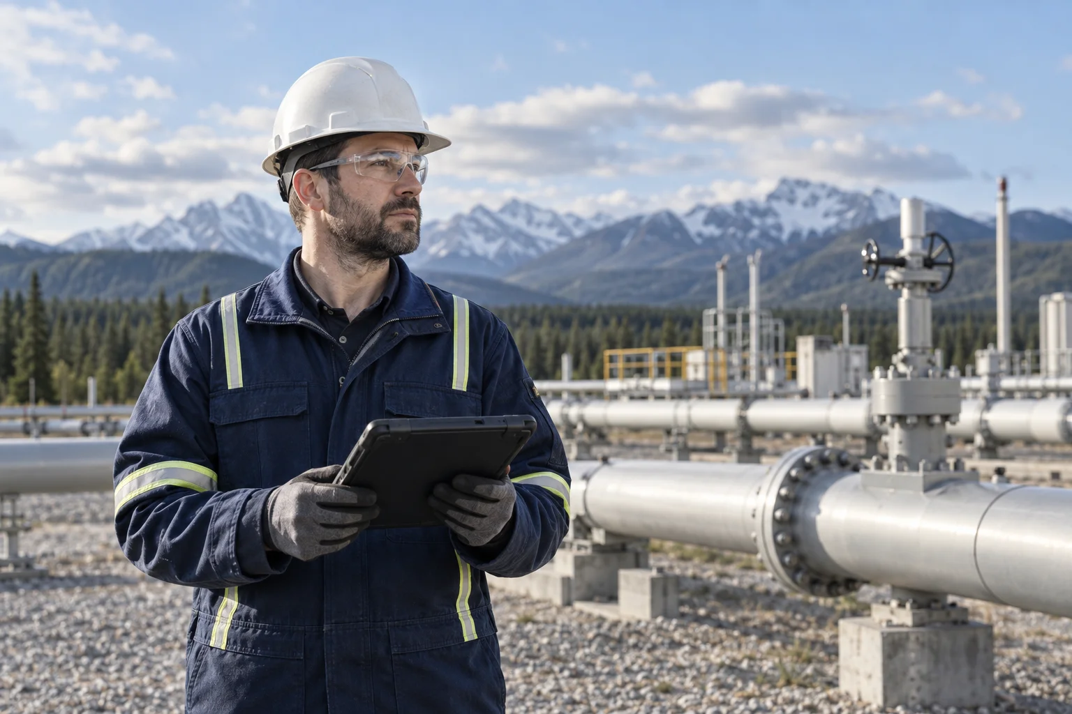 Illustrative scene of a field technician using a rugged tablet at an industrial facility