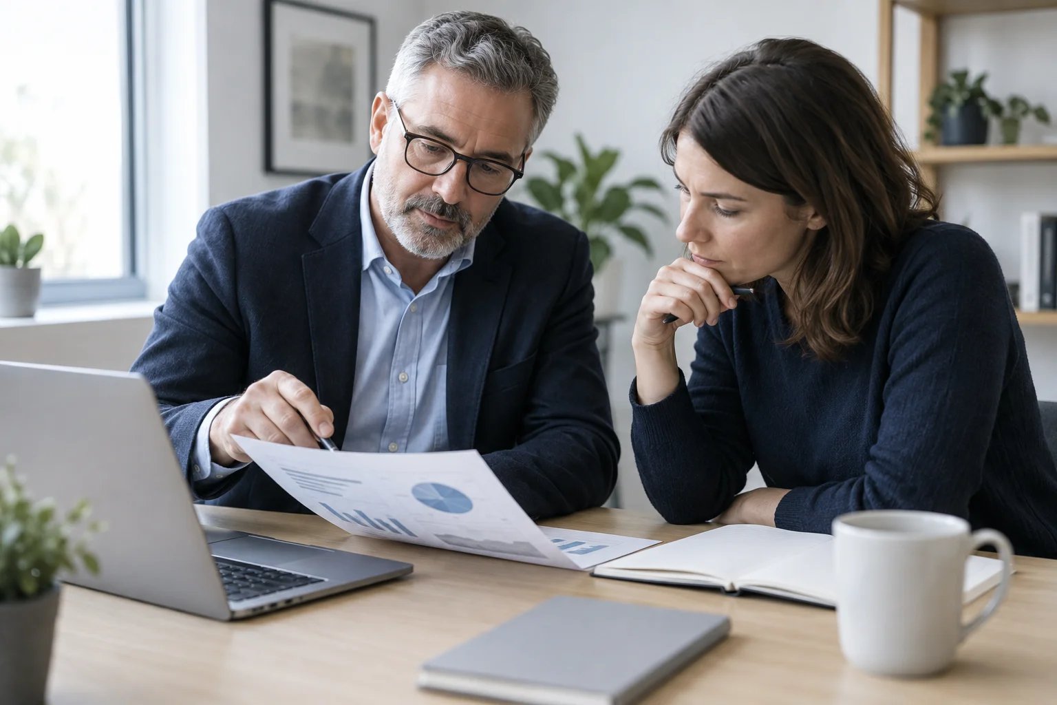 Illustrative scene of professionals reviewing a client document