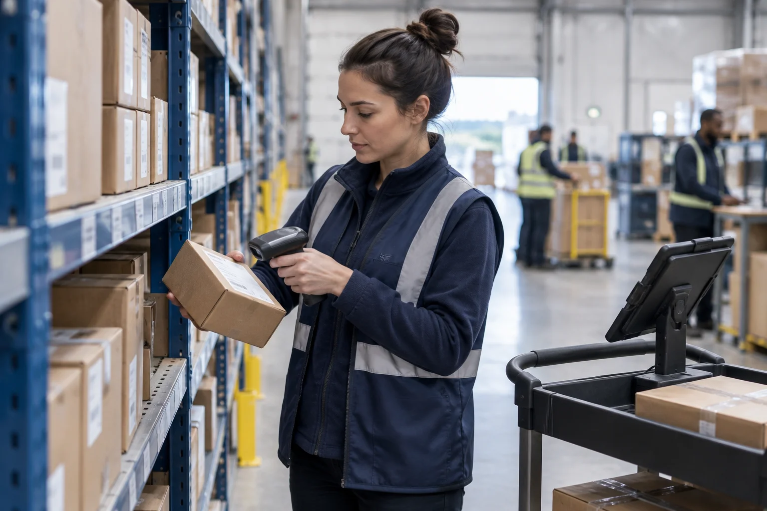 Illustrative scene of a warehouse worker scanning a parcel