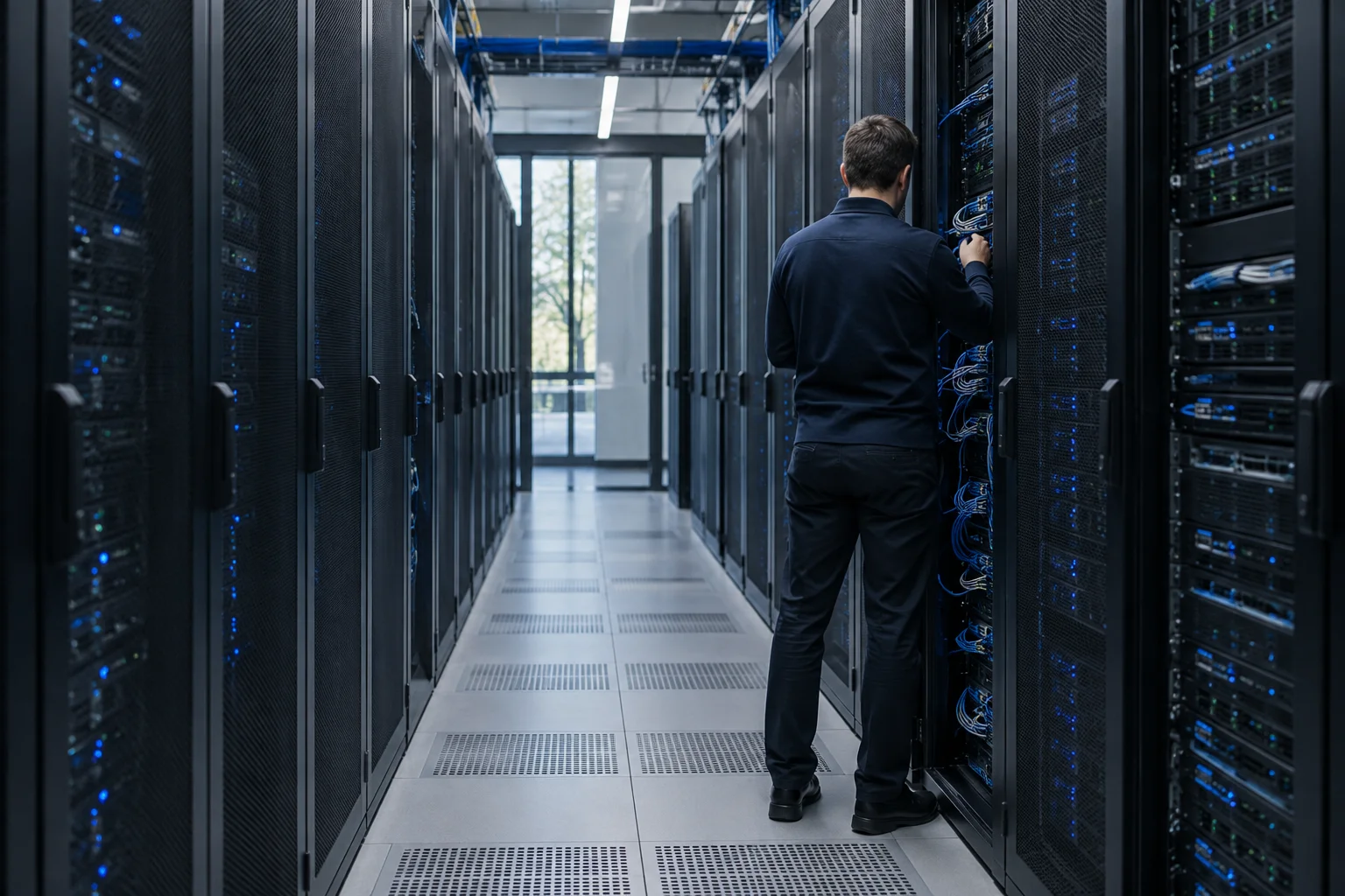 Illustrative scene of a network engineer in a server aisle