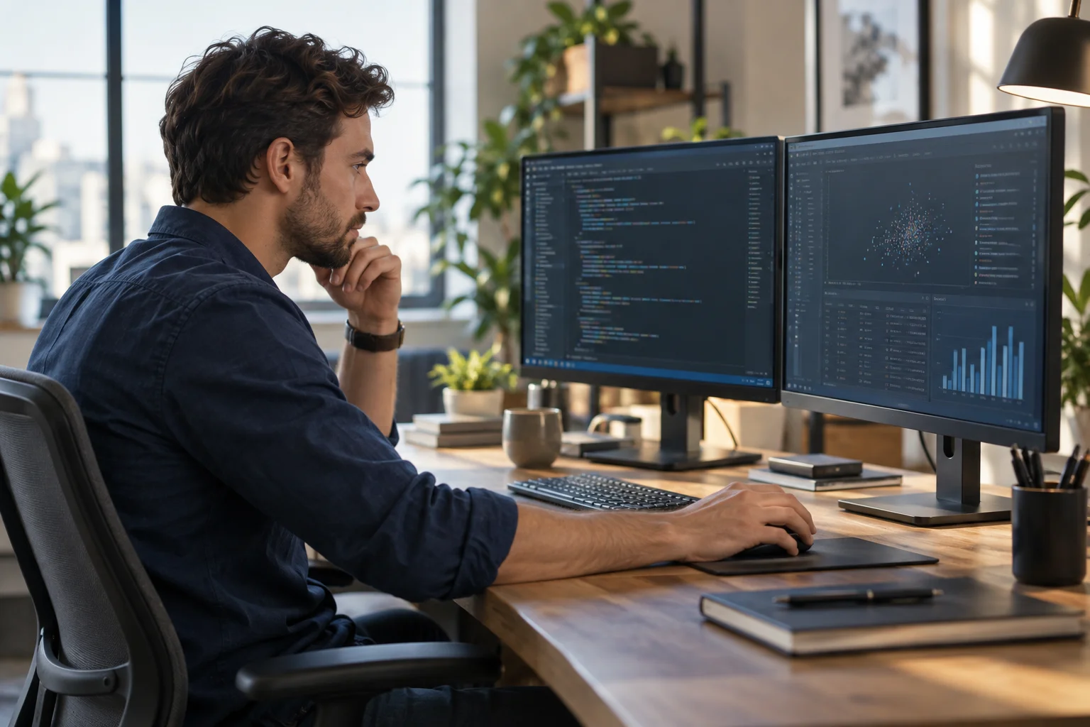 Illustrative scene of an engineer working across connected applications