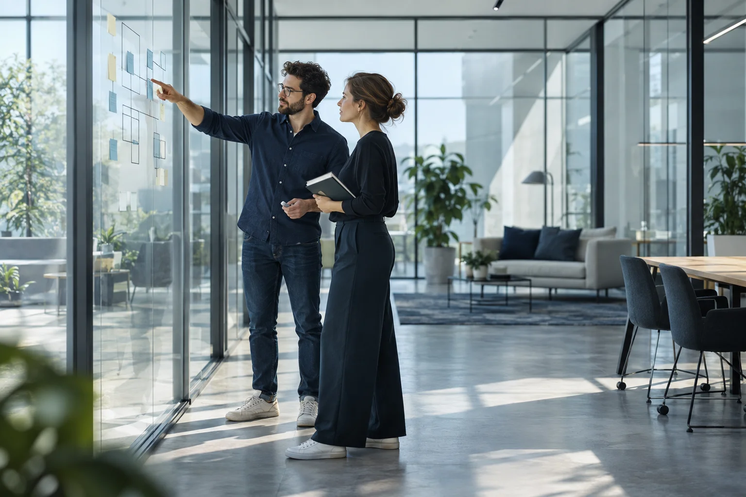 Illustrative scene of software professionals discussing a plan at a glass board